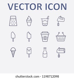 Outline 12 milk icon set. coffee cup, milk bottle, grater, yogurt, ice cream and hand mixer vector illustration