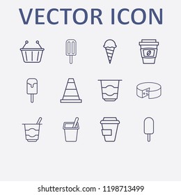 Outline 12 milk icon set. cheese, yogurt, shopping basket, cone, ice cream and coffee cup vector illustration