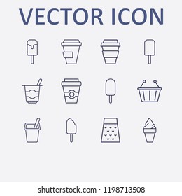 Outline 12 milk icon set. coffee cup, grater, shopping basket, yogurt and ice cream vector illustration