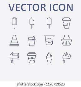 Outline 12 milk icon set. hand mixer, cone, shopping basket, yogurt, coffee cup and ice cream vector illustration