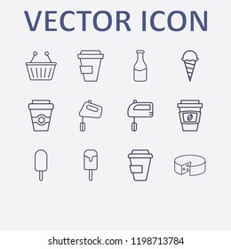 Outline 12 milk icon set. ice cream, milk bottle, coffee cup, cheese, shopping basket and hand mixer vector illustration