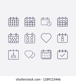 Outline 12 month icon set. calendar, calendar time, calendar check, calendar with birthday cake and heart vector illustration