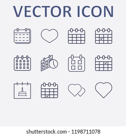 Outline 12 month icon set. calendar with birthday cake, heart, calendar, calendar time and calendar check vector illustration
