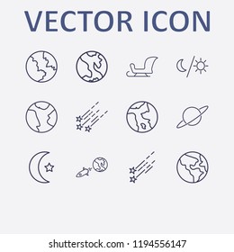 Outline 12 moon icon set. world and rocket, islam moon, sleigh, moon and sun, star fall and earth vector illustration