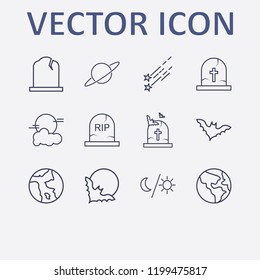 Outline 12 moon icon set. moon and sun, halloween grave, earth, saturn, moon and cloud and bat vector illustration