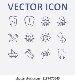 Outline 12 mouth icon set. tooth, broken tooth, halloween vampire, forbidden look, toothbrush and toothpaste and shark vector illustration