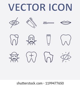 Outline 12 mouth icon set. broken tooth, tooth, tooth paste, forbidden look, toothbrush and halloween vampire vector illustration
