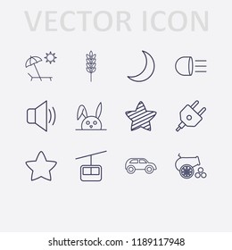 Outline 12 nature icon set. beach, star, rabbit, spike, moon, car, plug, cannon, sound, headlamp and funicular vector illustration