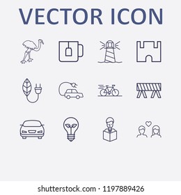 Outline 12 nature icon set. car, leaf energy, castle, lovers, lighthouse and barrier vector illustration