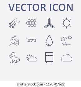 Outline 12 nature icon set. honeycomb, star fall, lovers, garlands, cloud and water glasses vector illustration