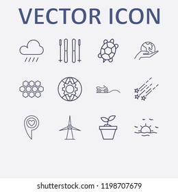 Outline 12 nature icon set. quad, honeycomb, ski sticks, star fall, turtle and windmill vector illustration