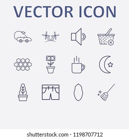 Outline 12 nature icon set. shor, tea cup, electric car, islam moon, close basket and honeycomb vector illustration