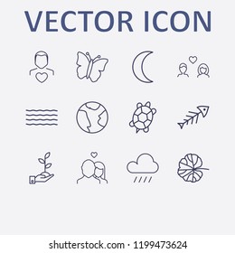 Outline 12 nature icon set. butterfly, earth, turtle, lovers, leaf and man love vector illustration