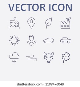 Outline 12 nature icon set. leaf, location home, car, man love, eco factory and clover vector illustration