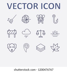 Outline 12 nature icon set. fish hook, balance, broom, leaf, storm and elephant vector illustration