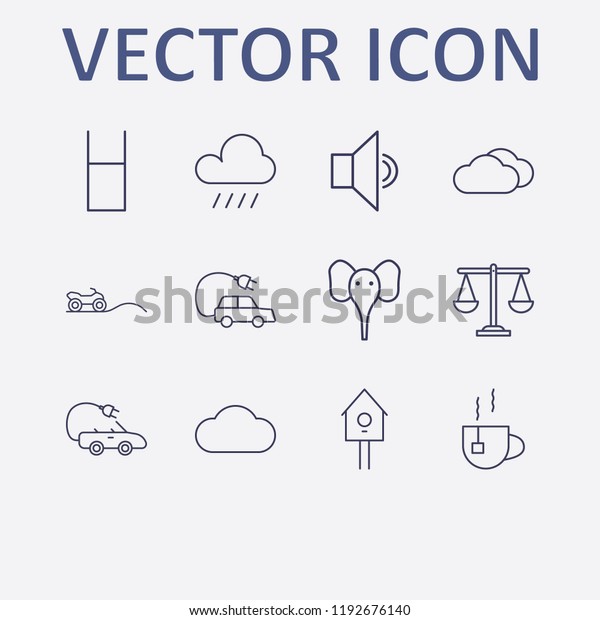 Outline 12 nature icon\
set. quad, raining, sound, elephant, electric car and bird home\
vector illustration