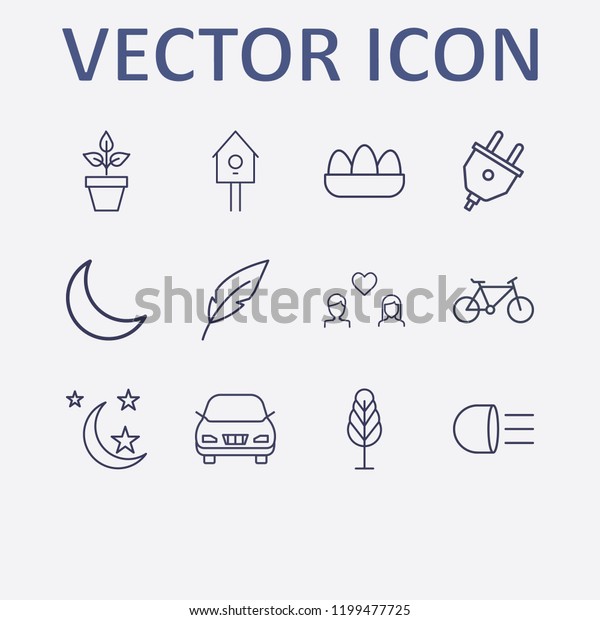 Outline 12 nature icon set. leaf,\
lovers, car, plug, bike and bird home vector\
illustration