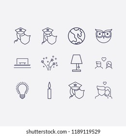 Outline 12 night icon set. fireworks, bus stop, earth, lamp, lovers, police, lampshade, candle and owl vector illustration