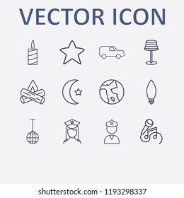 Outline 12 night icon set. candle, lampshade, karaoke, islam moon, star and earth vector illustration