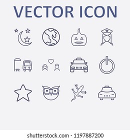 Outline 12 night icon set. star, taxi, owl, moon, power and halloween pumpkin vector illustration