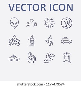 Outline 12 night icon set. bat, alien, earth, lovers, police car and globe vector illustration
