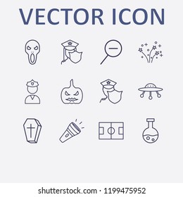 Outline 12 night icon set. zoom out, halloween coffin, fireworks, halloween ghost, ufo and football field vector illustration