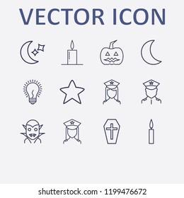 Outline 12 night icon set. lamp, halloween coffin, police, halloween pumpkin, moon and candle vector illustration