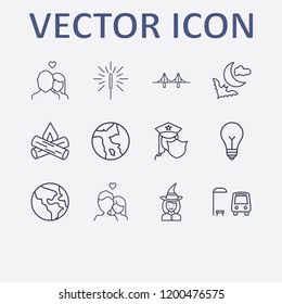 Outline 12 night icon set. police, halloween witch costume, bat and moon, bridge, bus stop and lamp vector illustration