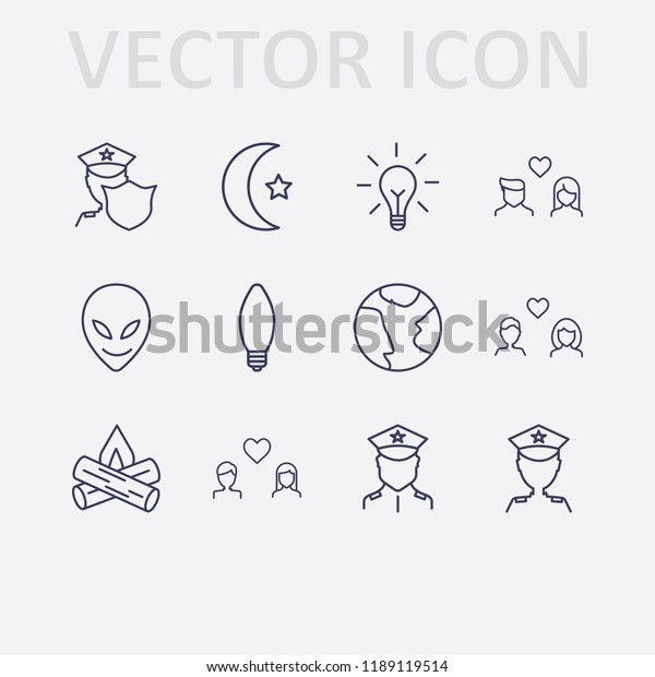 Outline 12 night icon set.\
earth, lamp, lovers, bonfire, alien, islam moon and police vector\
illustration