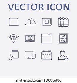 Outline 12 notebook icon set. online book reading, browser, laptop, online learning, math and calendar vector illustration