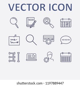 Outline 12 notebook icon set. note, book and pencil, search, calendar, laptop with analytic and speech bubble with ho ho ho vector illustration