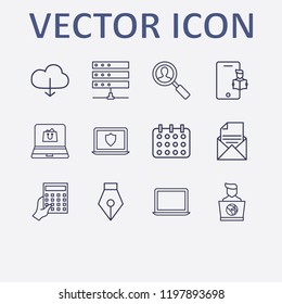 Outline 12 notebook icon set. mail document, online learning, laptop shield, calendar, online shopping and laptop vector illustration