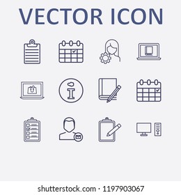 Outline 12 notebook icon set. book and pencil, online shopping, calendar, pc, clipboard and information vector illustration