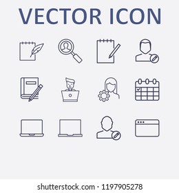 Outline 12 notebook icon set. edit user, laptop worker, laptop, account settings, calendar and browser vector illustration