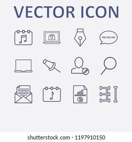 Outline 12 notebook icon set. pen tool, mail document, online shopping, speech bubble with ho ho ho, paper pin and calendar vector illustration