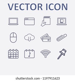 Outline 12 notebook icon set. paper pin, click, hand with book, laptop, calendar and browser vector illustration
