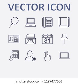 Outline 12 notebook icon set. search, melody notebook, paper pin, laptop, click and user mail vector illustration