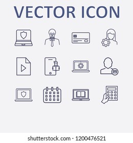 Outline 12 notebook icon set. credit card, play document, laptop setting, laptop shield, creative businessman and user mail vector illustration