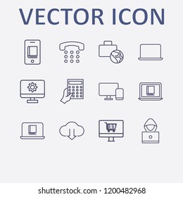 Outline 12 notebook icon set. online learning, home phone, monitor setting, laptop, online book reading and online shop vector illustration