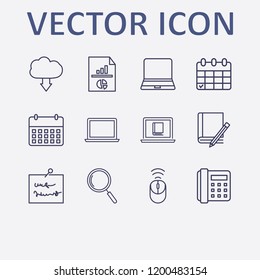 Outline 12 notebook icon set. calendar, home phone, note, book and pencil, search and cloud download vector illustration