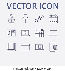 Outline 12 notebook icon set. laptop, book and pencil, online shopping, online book reading, calendar and paper pin vector illustration