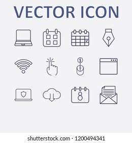 Outline 12 notebook icon set. laptop shield, wi fi signal, mail document, laptop, click and online shopping vector illustration