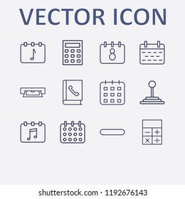 Outline 12 number icon set. minus, telephone book, calculator, speed shifter, calendar and card withdrawal vector illustration