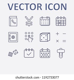 Outline 12 number icon set. car shifter, pressing number, calendar check, dice, calendar and yen vector illustration