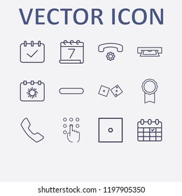 Outline 12 number icon set. calendar, calendar check, award medal, dice, pressing number and minus vector illustration