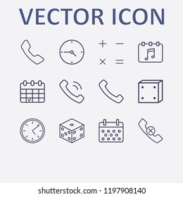 Outline 12 number icon set. handset, handset remove, calculator, clock, calendar and dice vector illustration