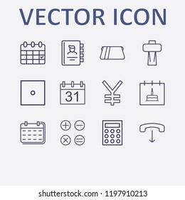 Outline 12 number icon set. calendar with birthday cake, handset down, calculator, phone book, card withdrawal and dice vector illustration