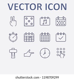 Outline 12 number icon set. calendar, pressing number, two fingers, car shifter, finger right and clock vector illustration