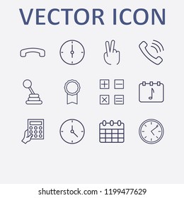 Outline 12 number icon set. two fingers, clock, handset, calculator with hand, award medal and calculator vector illustration