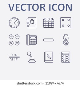 Outline 12 number icon set. dice, phone book, home phone, clock, award medal and calendar vector illustration